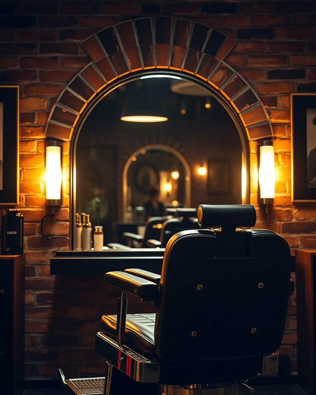 Brick arch mirror with leather chair